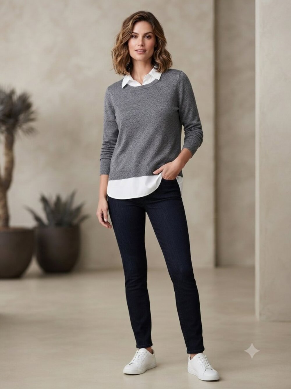 Calvin Klein Layered Look Sweater Gray White Collar Shirttail Hem 1X